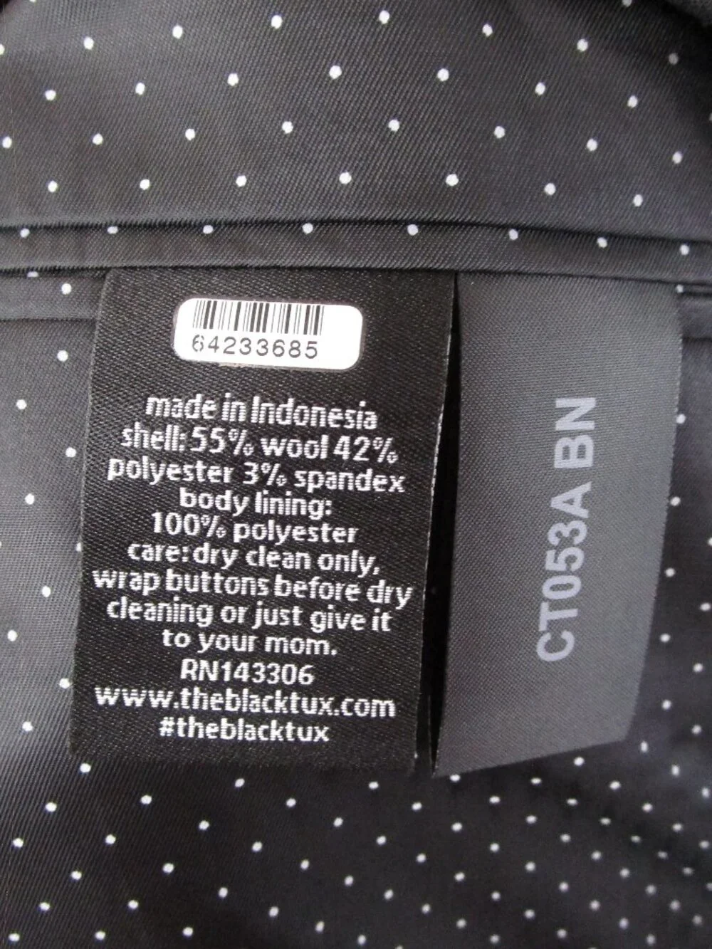 The Black Tux Mens Solid Black Wool Two Button Suit Size 50R Pants 44 X 30